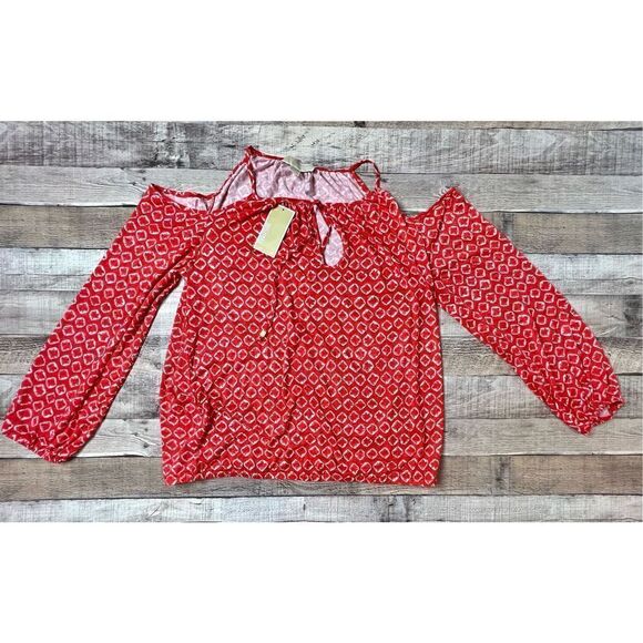2/$35 Michael Kors Orange Red Open Shoulder Keyhole Blouse LARGE NWT Bohemian - Picture 1 of 9